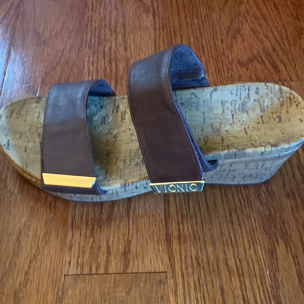 Vionic Dark Brown Leather Double-Strap Cork Wedges with Gold Accent
